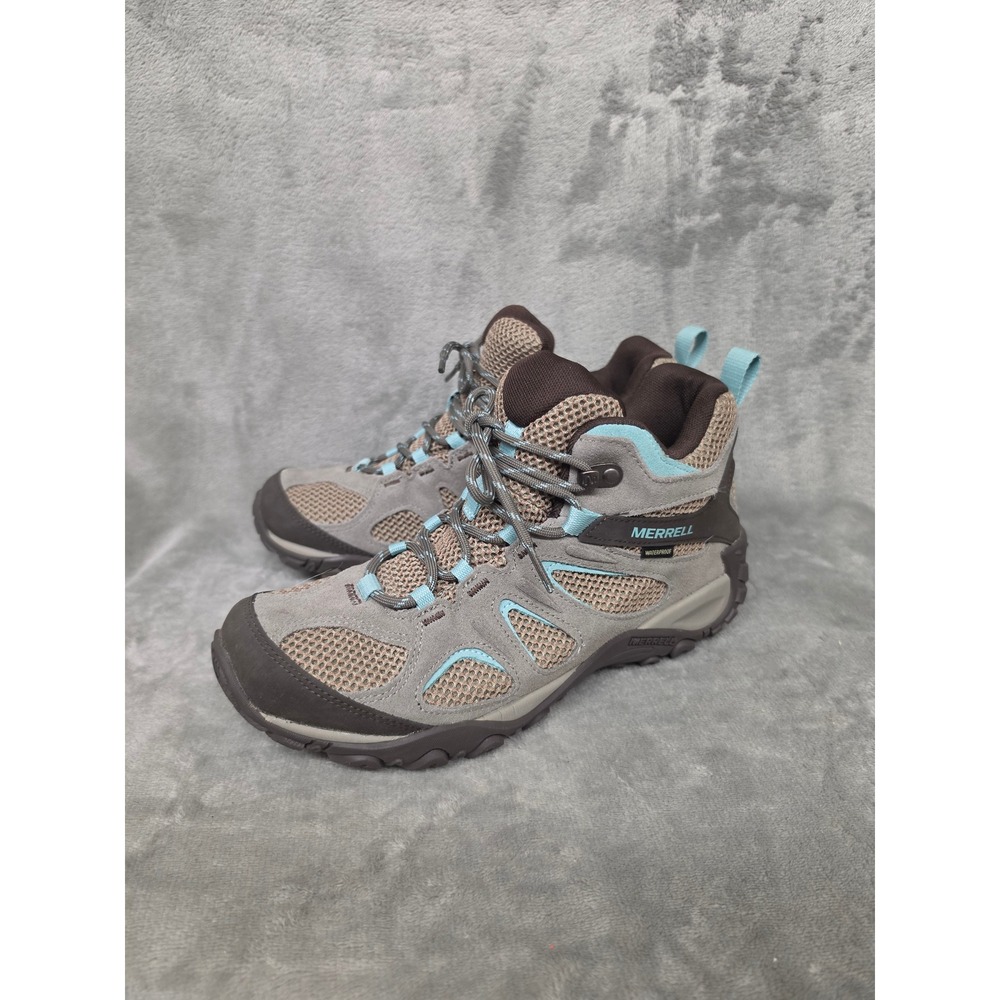 Merrell Womens Size 9.5 Yokota J77386 Hiking Boots Beige Seafoam Blue Lace Up